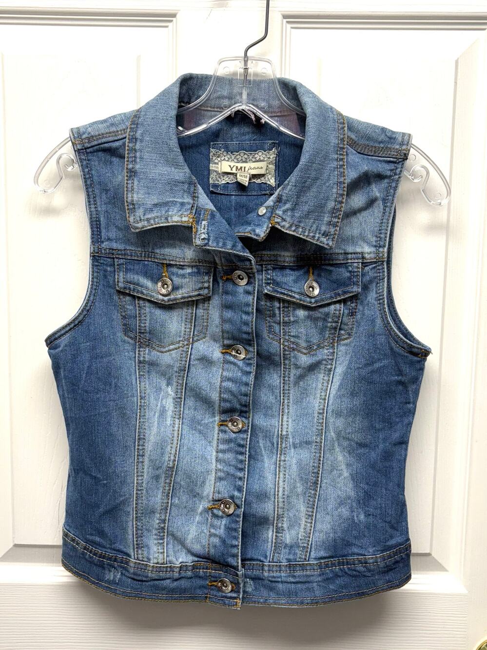 YMI Jeans Vest Women’s Denim Medium Blue Button Front Sleeveless Classic
